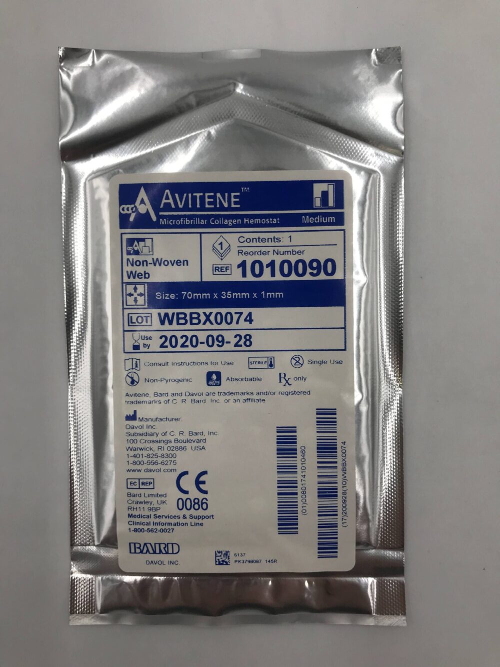 BARD 1010090 Avitene Microfibrillar Collagen Hemostat, Medium, NonWoven  70x35x1mm (X) GB