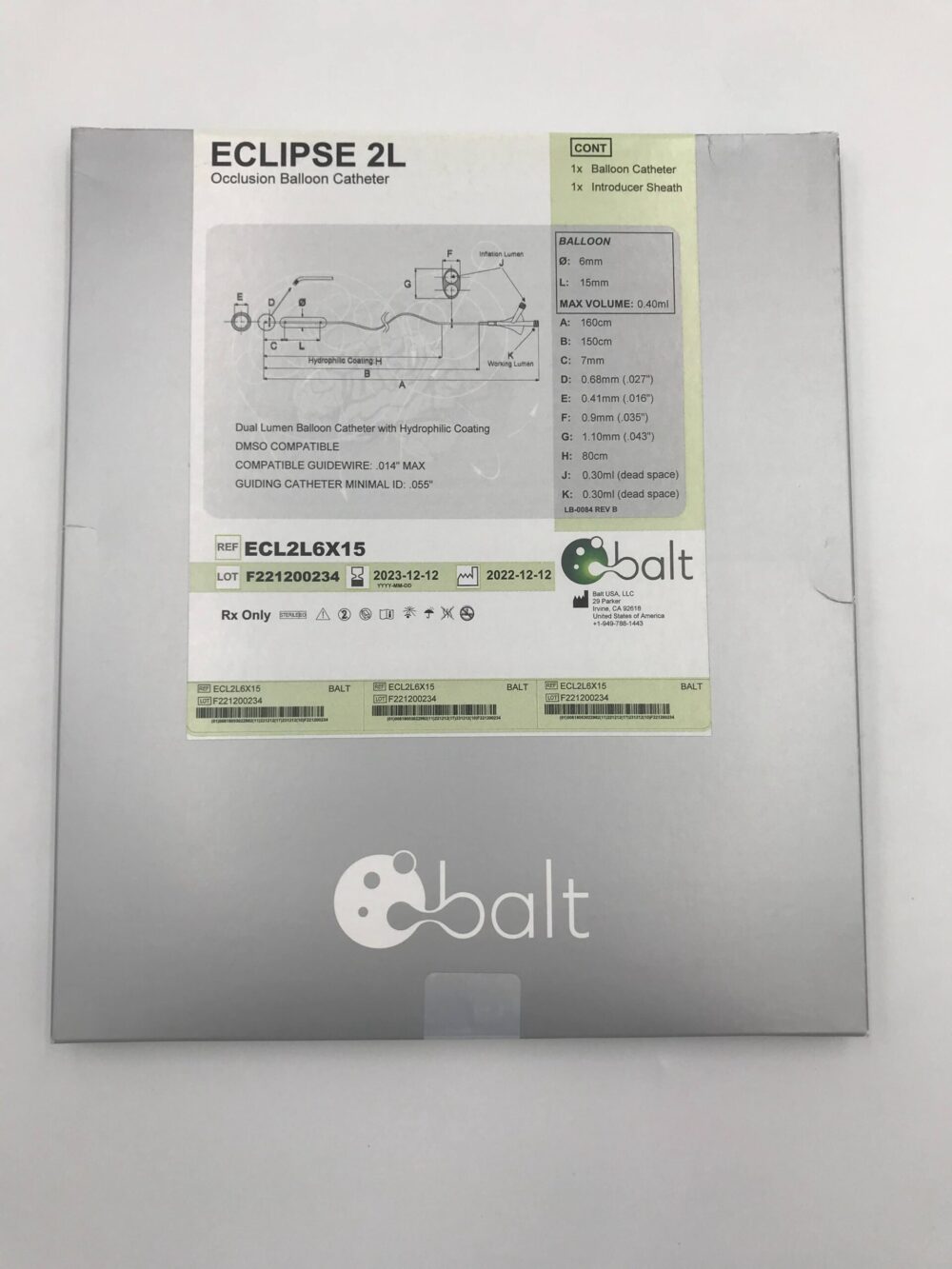 BALT USA ECL2L6X15 Eclipse 2L Occlusion Balloon Catheter 6mm x 15mm x 0.40ml (X) GB TECH USA