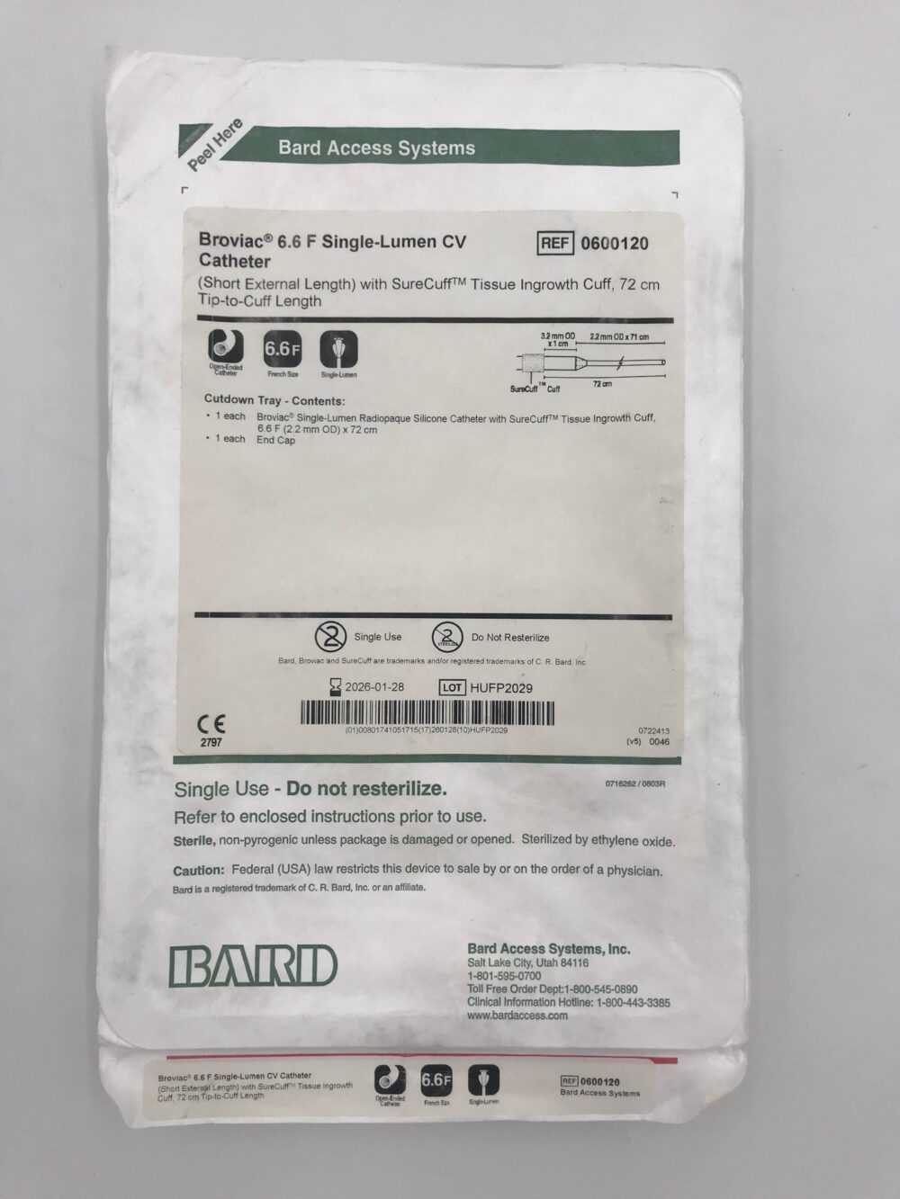 BARD 0600120 Broviac SingleLumen CV Catheter 6.6F x 72cm GB TECH USA