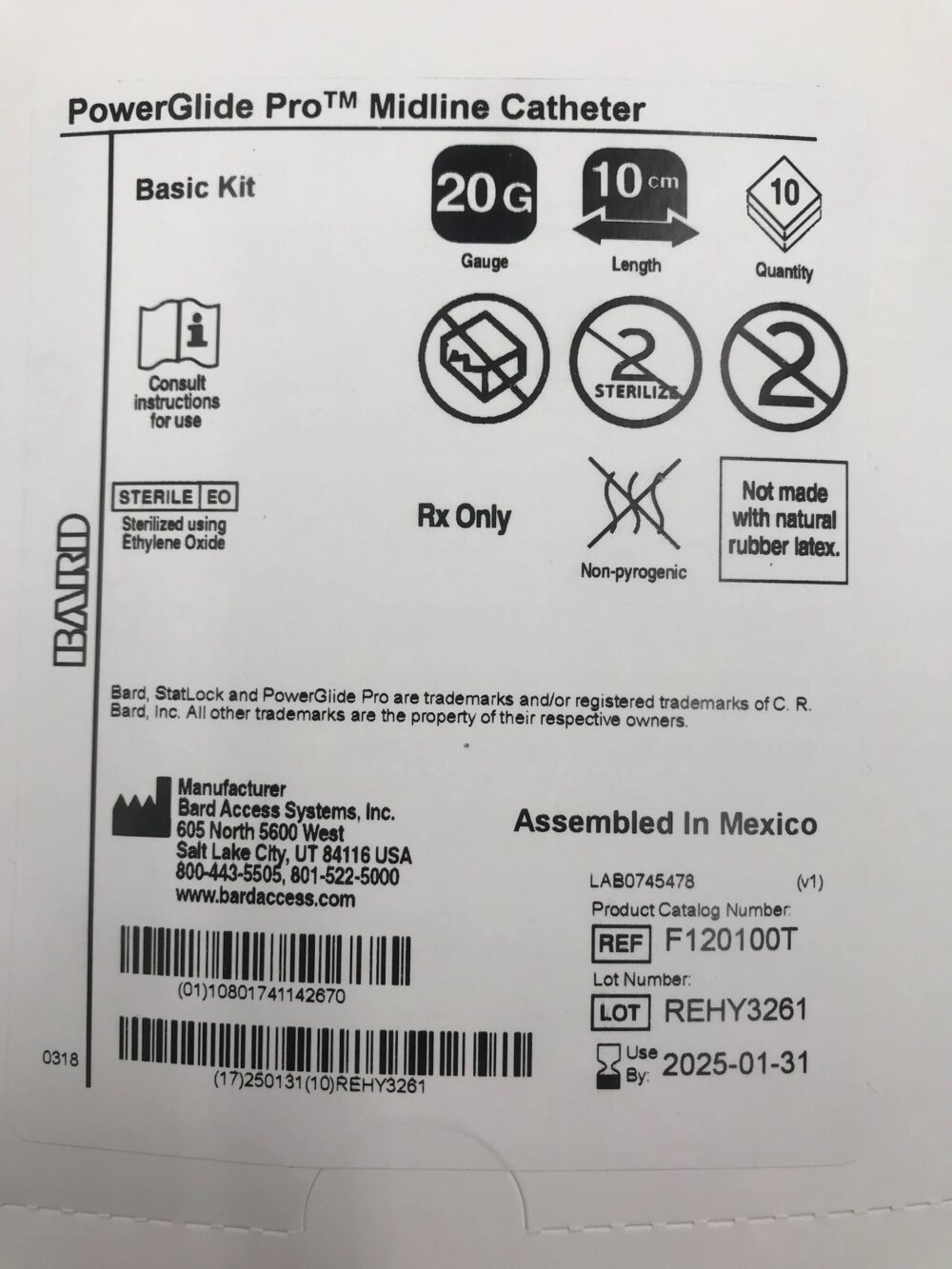 Bard F120100T PowerGlide Pro Midline Catheter Basic Kit 20G 10cm (10