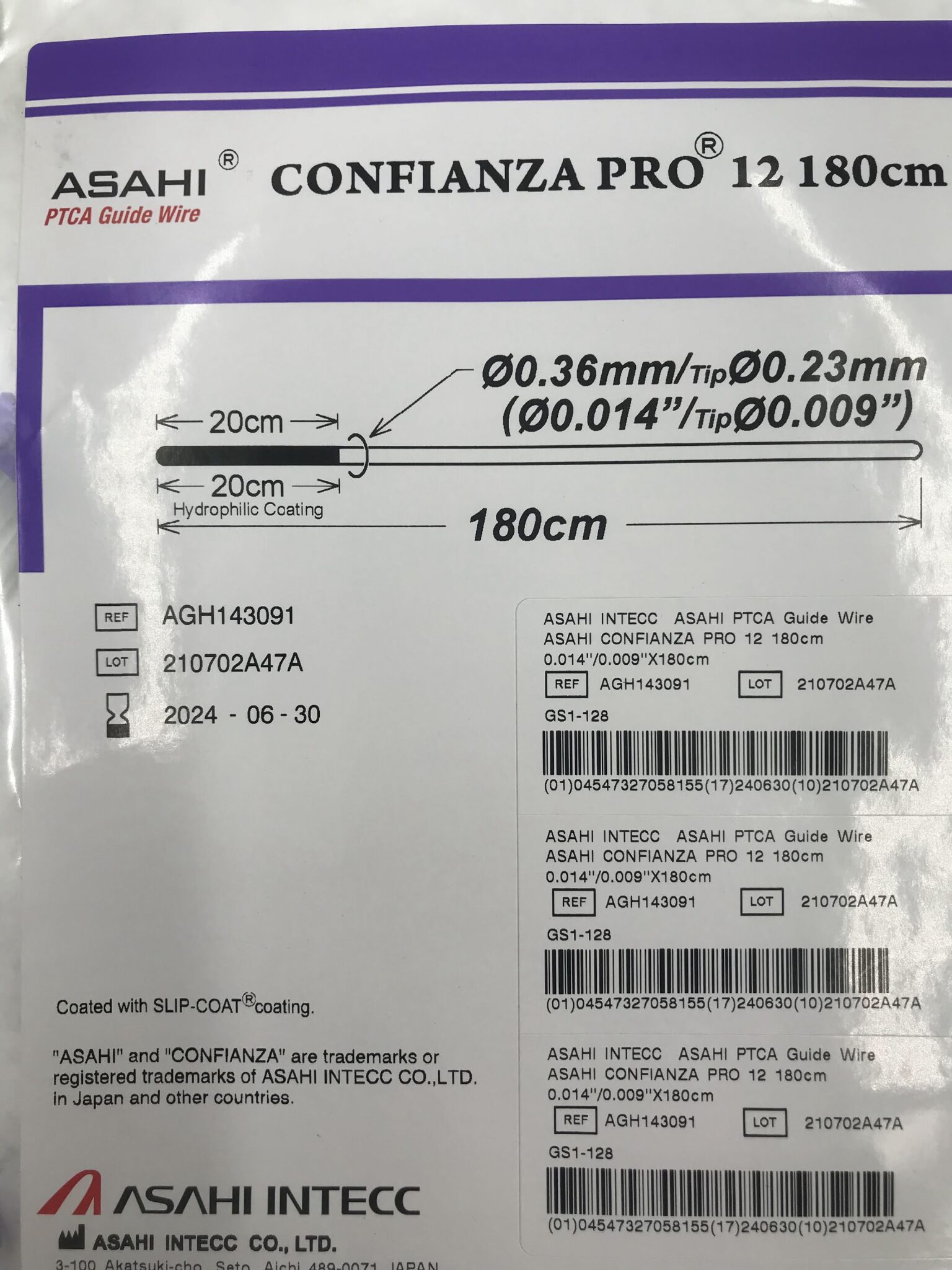 ASAHI INTECC AGH143091 Confianza Pro PTCA Guide Wire 12 180cm (X) GB